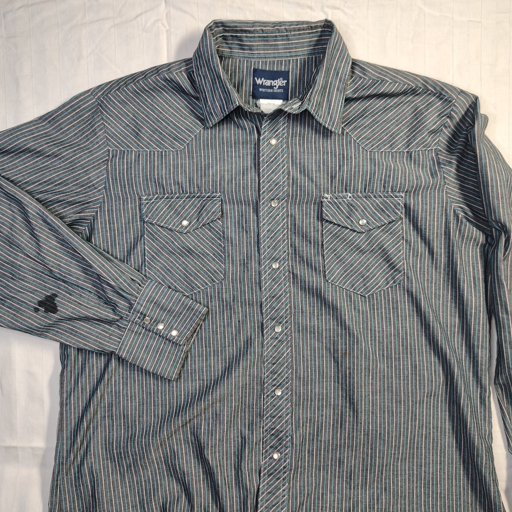 Wrangler Western Shirt Mens XL Grey Turquoise Striped Pearl Snap Long Sleeve